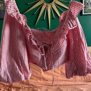 Zara Red & White Seersucker Ruffle Tie-Front Crop Top ~ small